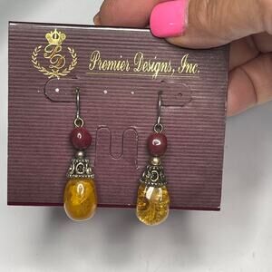 Premier Designs pierced dangle earrings burgundy amber golden in silver tone